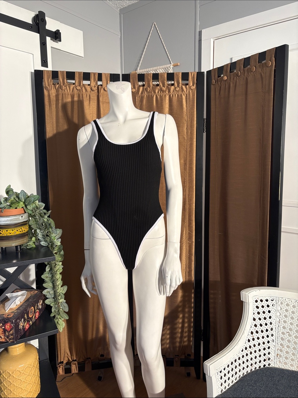 Black Ribbed Scoop Neck Bathing Suit